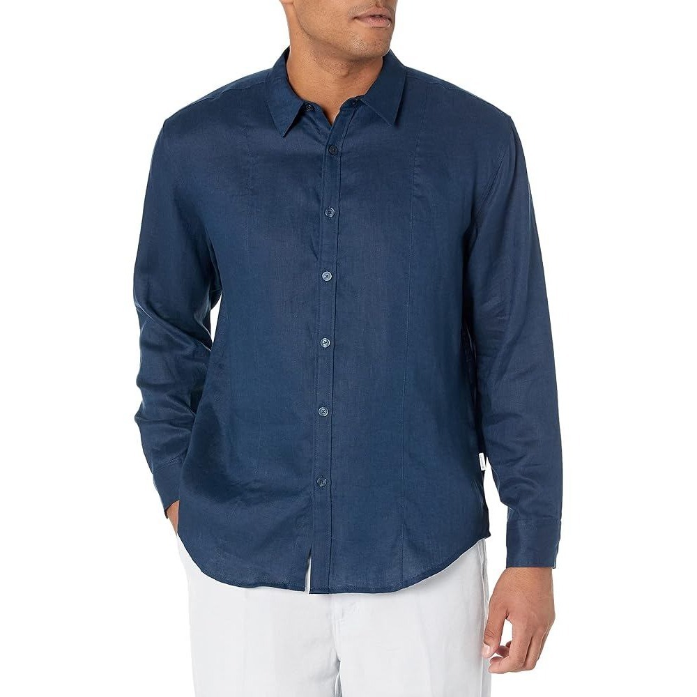 Cubavera 100% Linen Pintuck Detail Shirt Dress Blues Long Sleeve‎ Button Down L